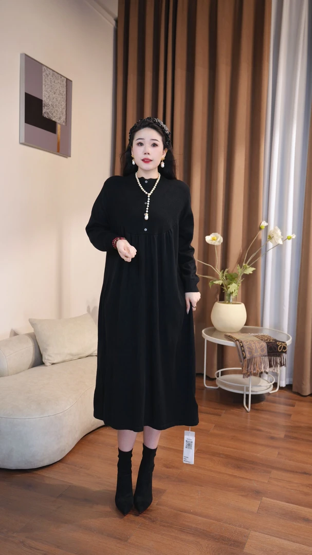 59277 长裙中长款连衣裙大码纯色高领A字裙冬季圆领长袖