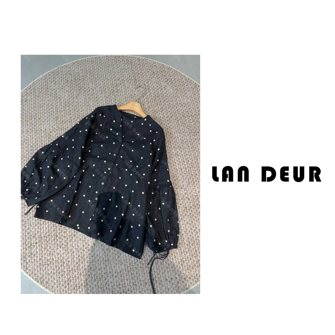 【极简风度】100%亚麻小众洋气灯笼袖时尚黑色波点长袖衬衫女上衣