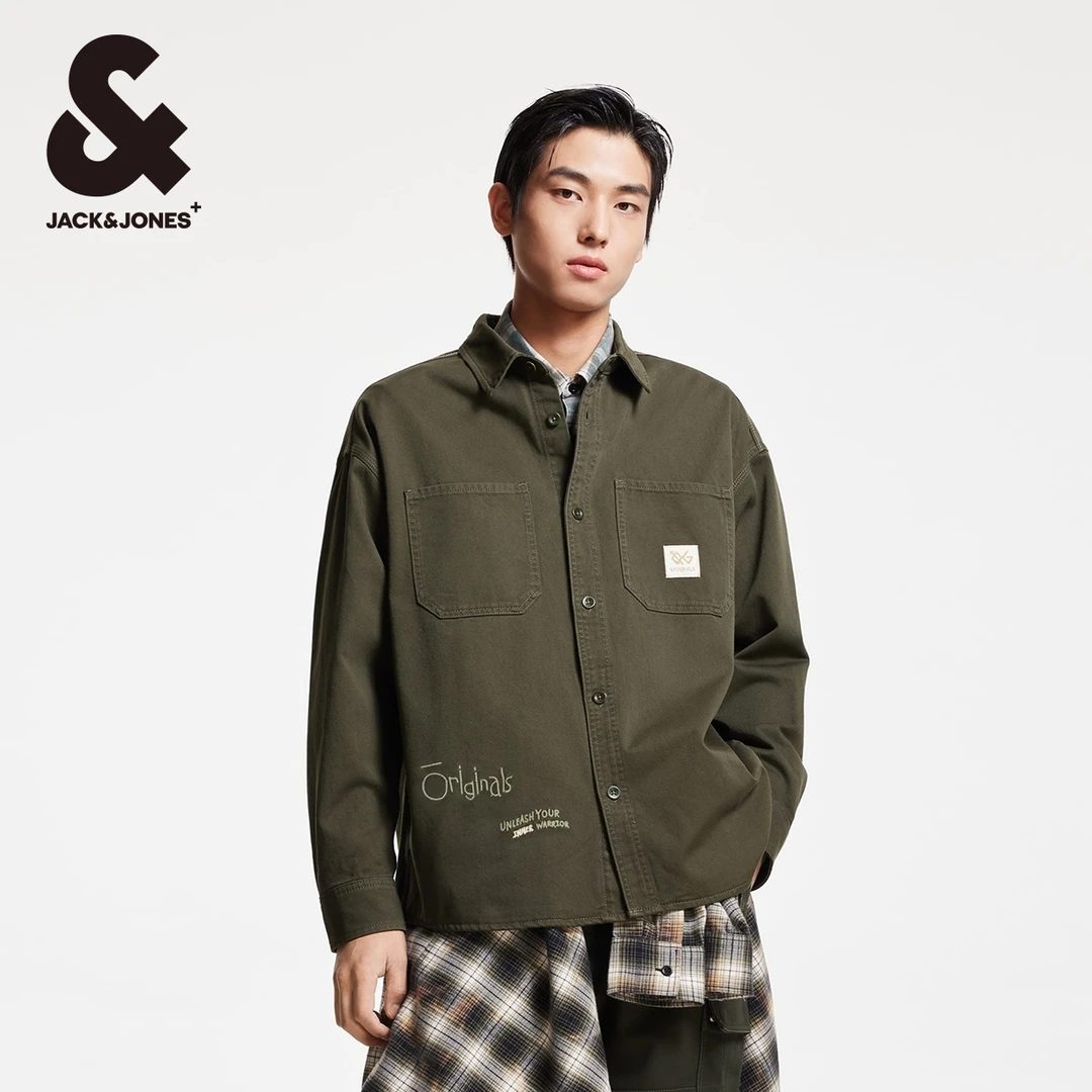 杰克琼斯秋新品男士长袖工装风衬衫刺绣贴布潮流百搭舒适尖领男装