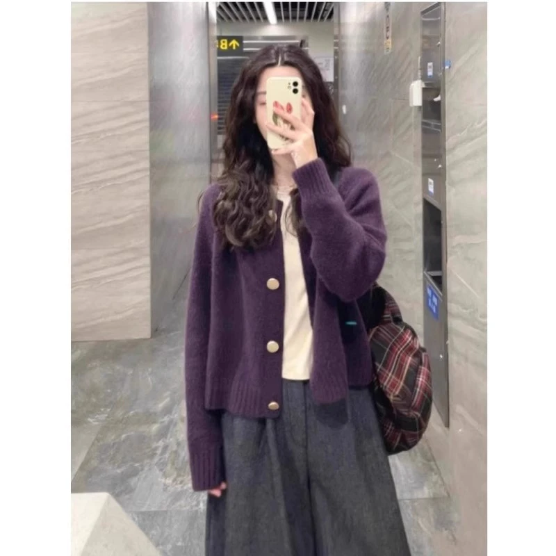 芊芊芙紫色圆领针织开衫女春秋加厚慵懒毛衣外套外穿上衣春秋新款