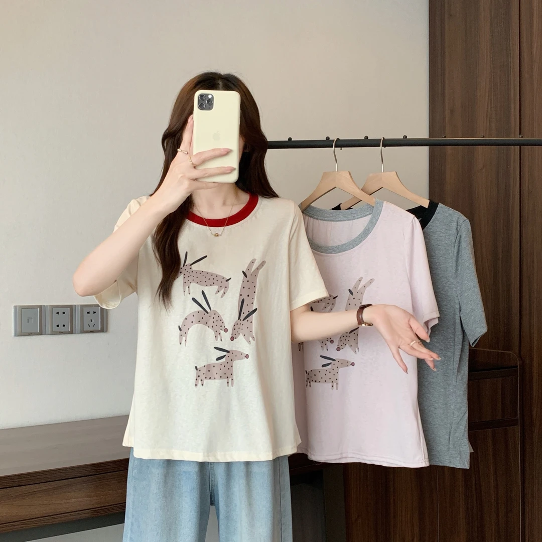 清2025夏季胖mm大码趣味印花正肩短袖T恤撞色圆领百搭上衣64350