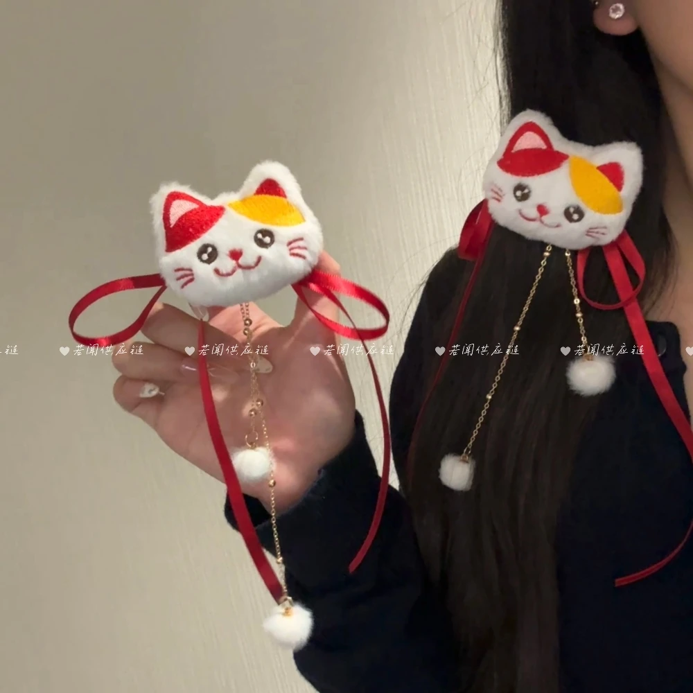 新年发饰可爱招财猫发夹甜美头饰马年喜庆拜年毛球本命年红色发夹