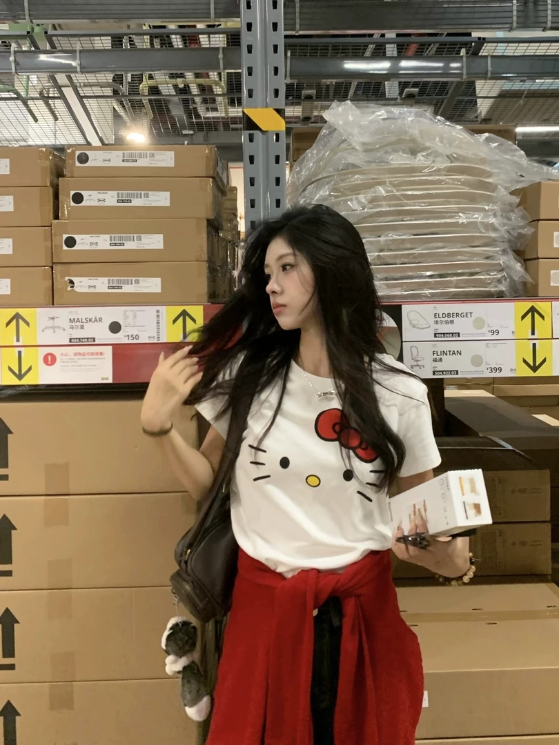 卡通kitty凯蒂猫印花短袖T恤女夏2025新款少女感修身短款百搭上衣