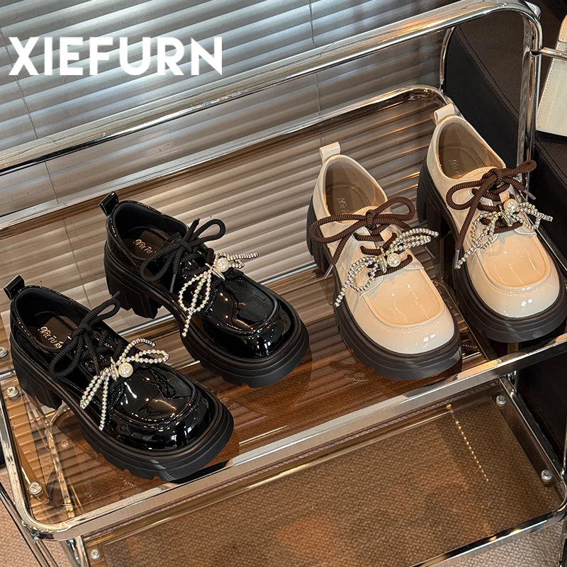 XIEFURN/鞋夫人女款英伦乐福鞋2025新款单鞋春季粗跟蝴蝶结小皮鞋