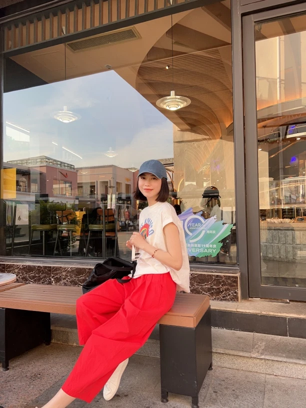 晓夏自制 “红气球” 酵洗精梳棉简约松紧腰宽松百搭香蕉气球休闲裤