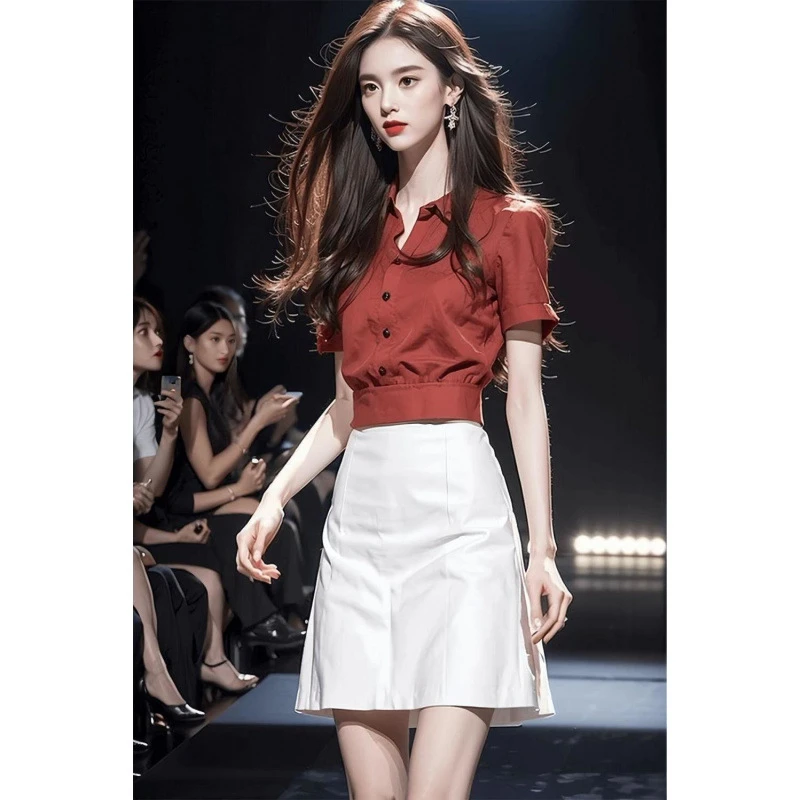 2025新款轻奢高级感慵懒风法式掐腰气质绝美红色衬衫半身裙女夏