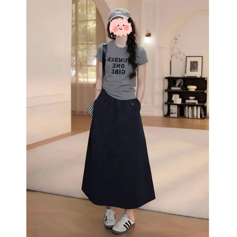 夏季穿搭一整套女新款字母短袖T恤简约半身长裙时尚两件套装2261