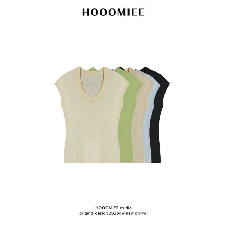 Hooomiee100莱赛尔U领短袖针织衫修身显瘦小飞袖女士上衣J25102