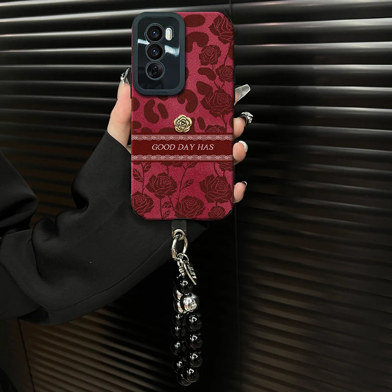 适用【opporeno12】豹纹玫瑰ins风秋冬酒红翻毛皮网红创意手机壳女