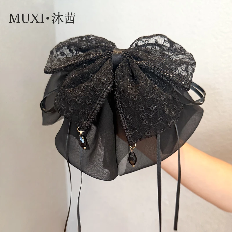 法式温柔显发量后脑勺马尾夹盘发发夹轻奢蕾丝网纱蝴蝶结抓夹头饰