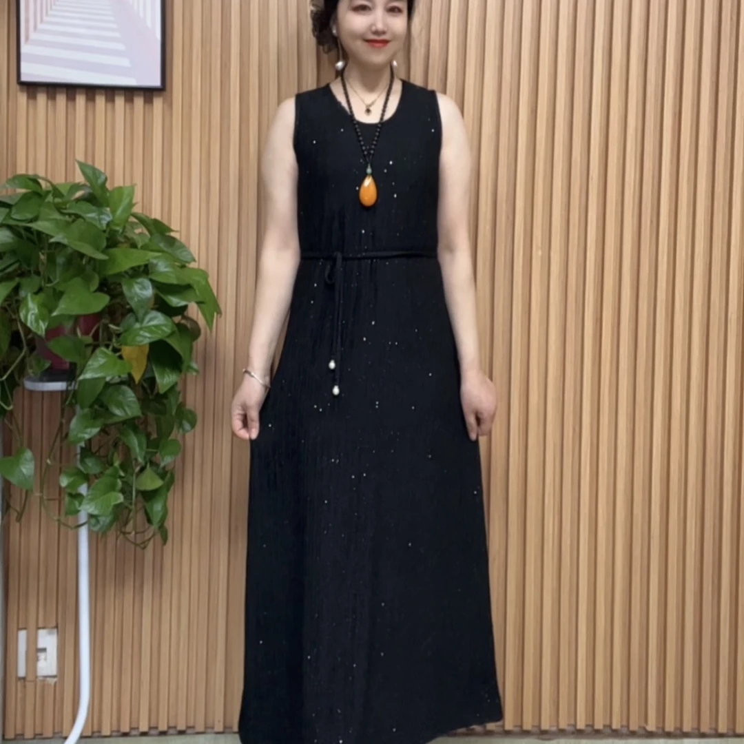 夏季新款满天星长款弹力腰带中长款百搭无袖背心裙