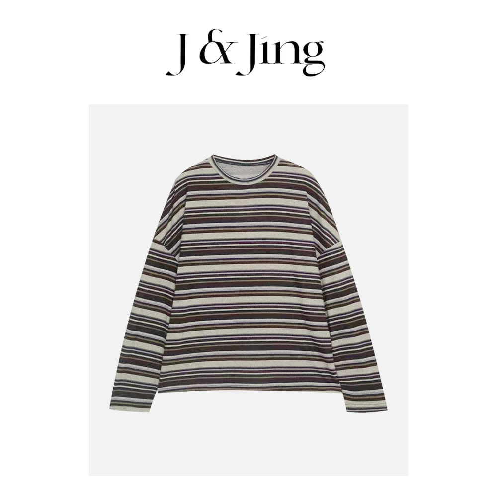J&Jing-「巧克力花卷」-韩版条纹宽松百搭长袖上衣UM256029