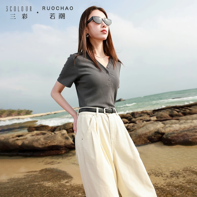 1056三彩大码女装2025夏季新款纯色V领T恤短袖套头短款复古dbq