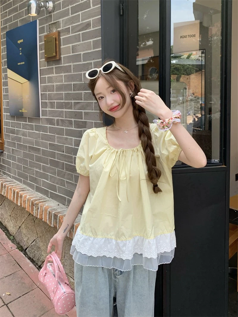 十里@7501 特 韩系简约方领蕾丝小衫 6-12
