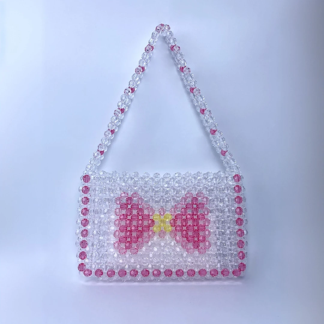 夏季可爱系手工串珠带钻亚克力手机包水晶时尚双面蝴蝶结手提包
