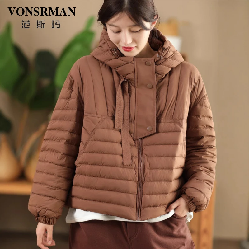 VONSRMAN连帽蓬松羽绒服女冬季2025新款保暖抽绳轻薄保暖短款外套