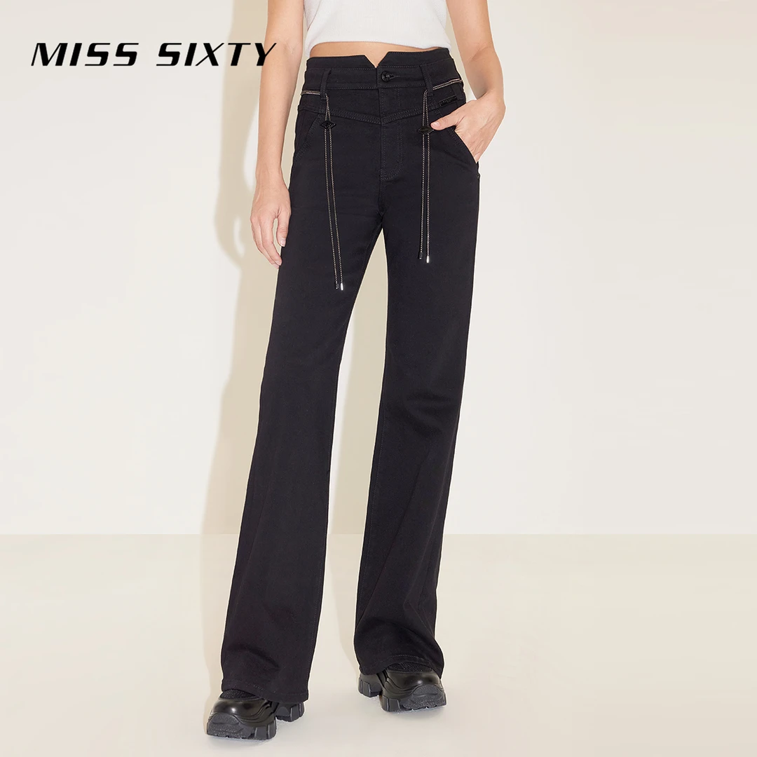 【赵老板专属】Miss Sixty新款牛仔裤小v高腰链条微喇小黑裤6596