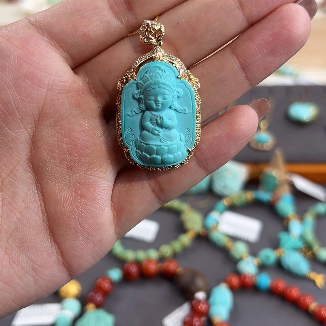 绿松石18K金镶嵌吊坠(不含链)度母娘娘吊坠