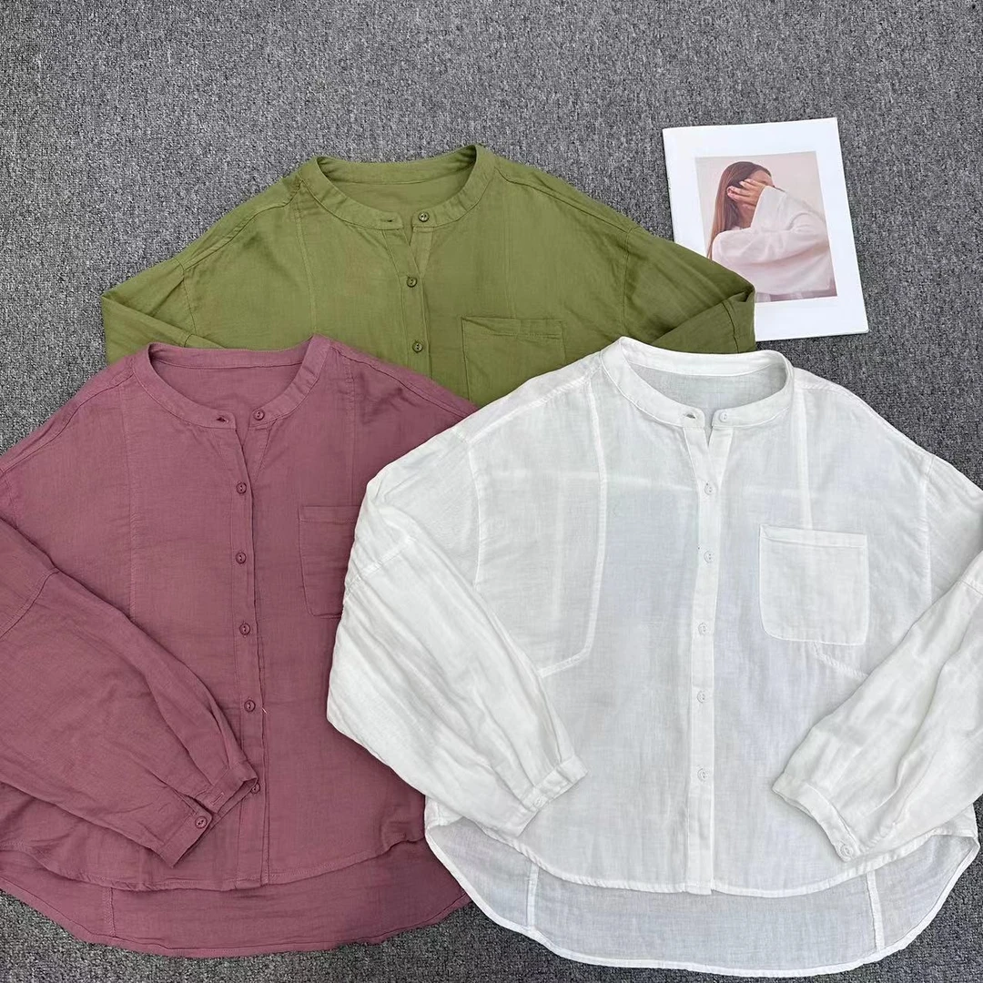 【周周家】5528濮院春季汉麻圆领衬衫纯色女士休闲时尚街头风