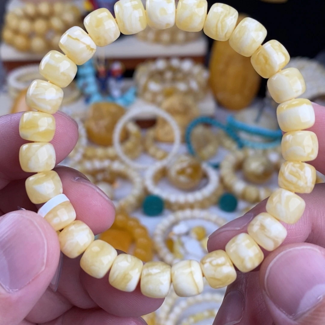 蜜蜡未镶嵌手链瓷白细纹虎皮纹8.5mm