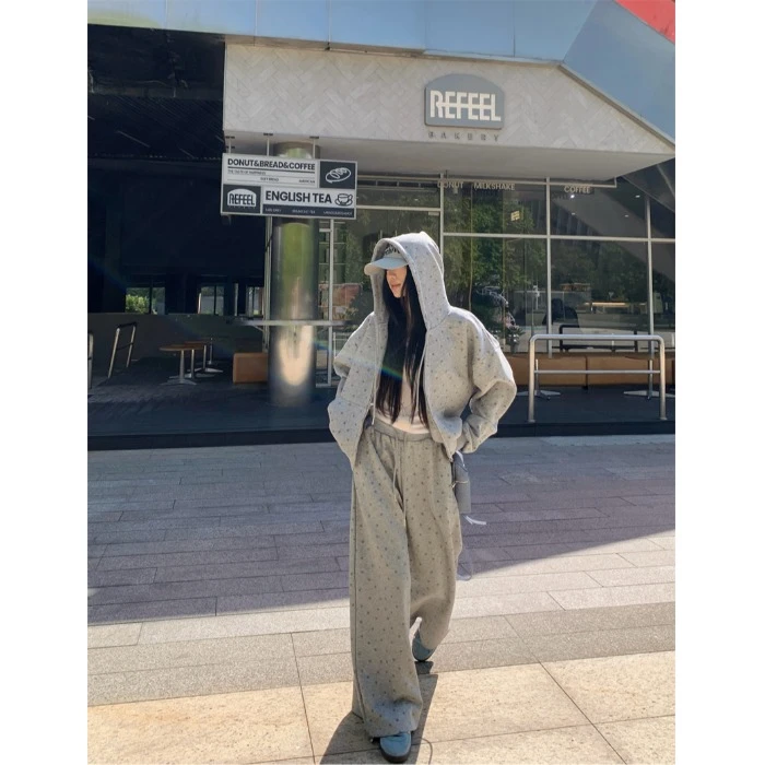 复古星星印花连帽拉链卫衣外套女秋季慵懒风套装休闲阔腿裤两件套