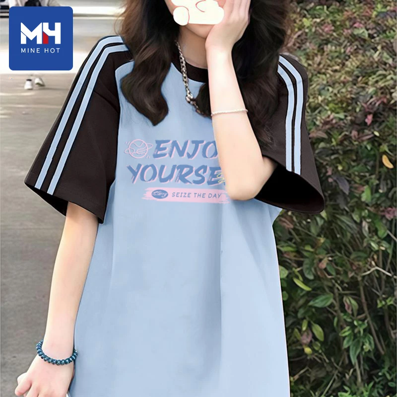 唐狮集团MH短袖t恤女夏季时尚百搭蓝色宽松洋气插肩拼条纯棉上衣