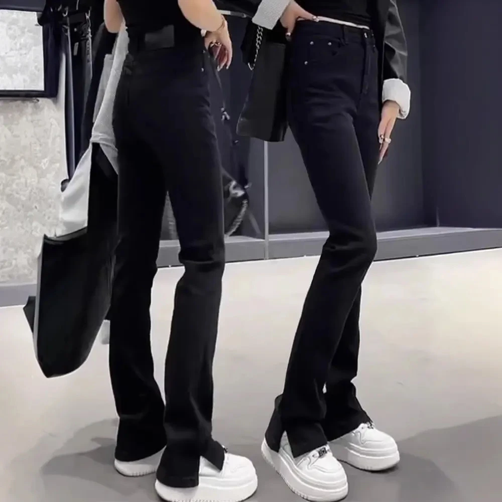 Aimeerosa/艾洛莎黑色开叉直筒牛仔裤女2025秋季高腰显瘦时尚裤子