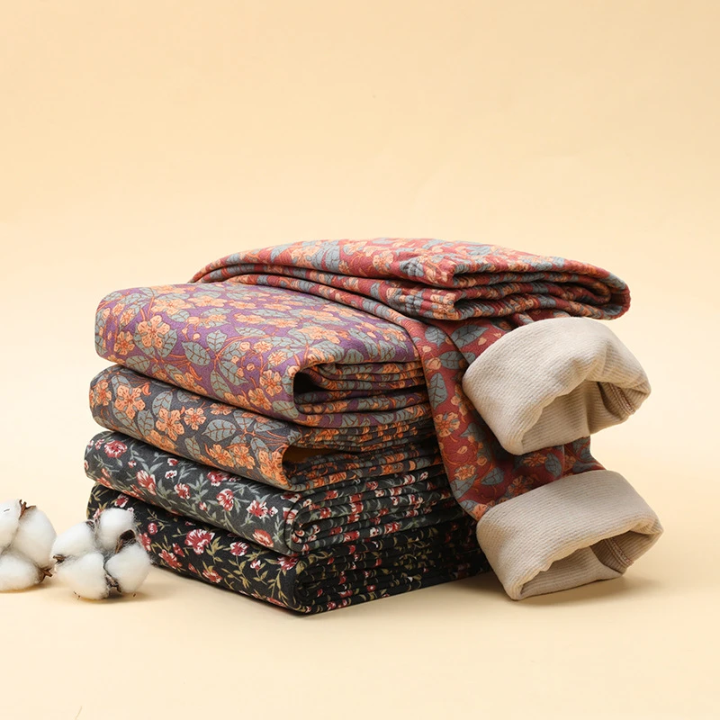 双面磨毛发热速暖德绒打底裤厚款碎花秋冬女款秋裤