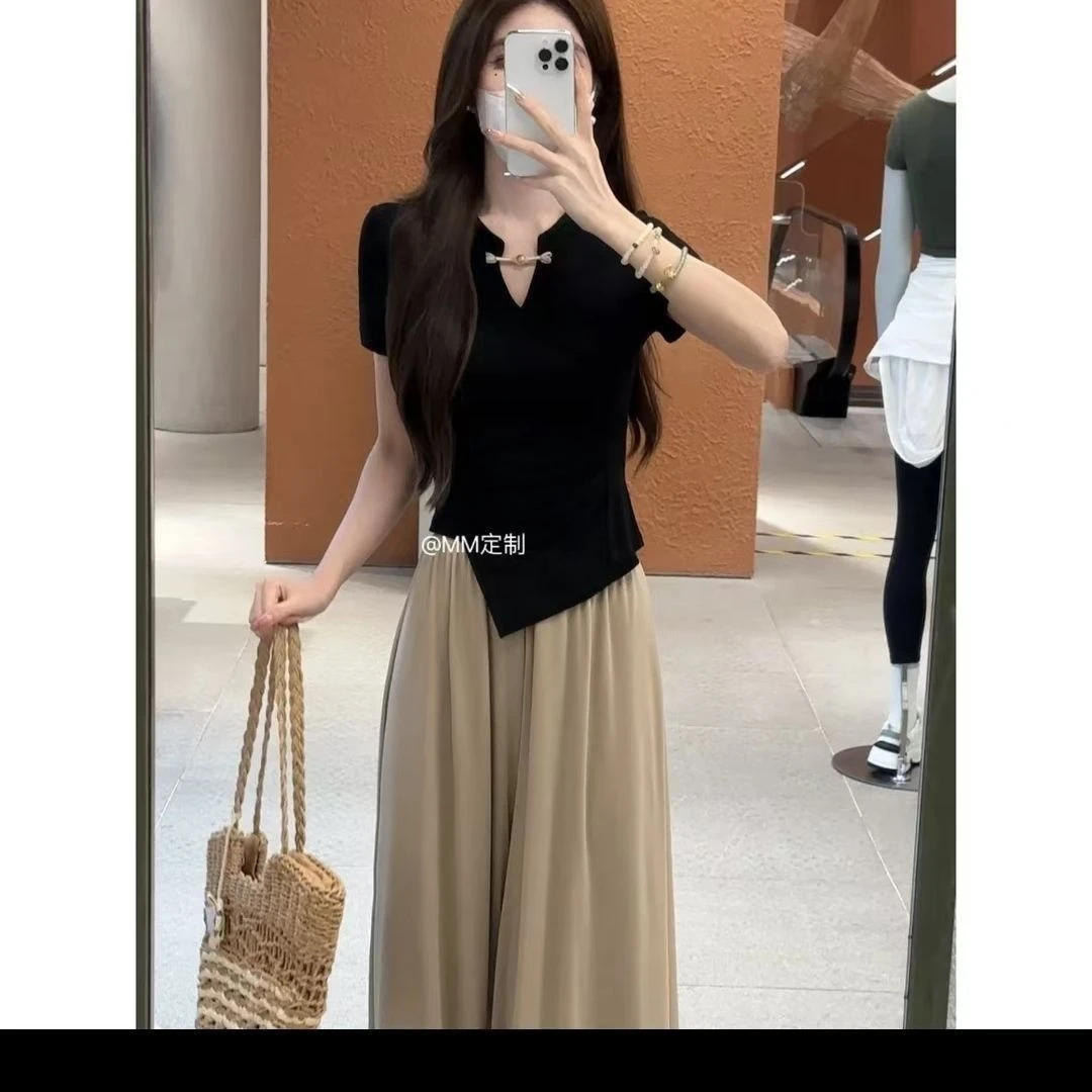 新中式国风搭配时尚套装2025新款显瘦不规则短袖+复古气质裙裤