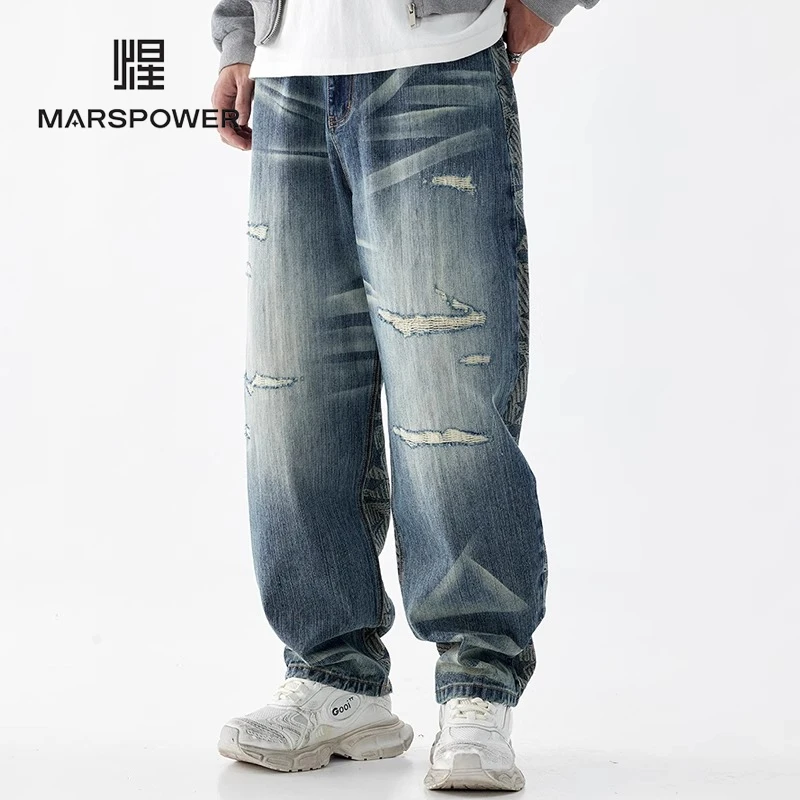 Cebrodz原创设计感潮牌牛仔裤男士直筒阔腿垂感刺绣高端破洞裤