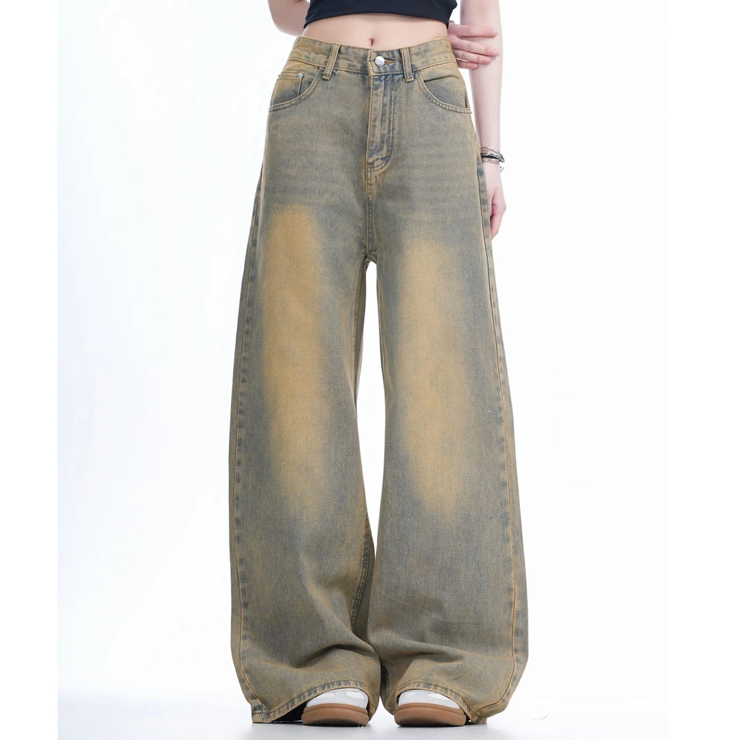 300斤特大码美式重工水洗做旧锈黄色牛仔裤女直筒阔腿宽松拖地裤