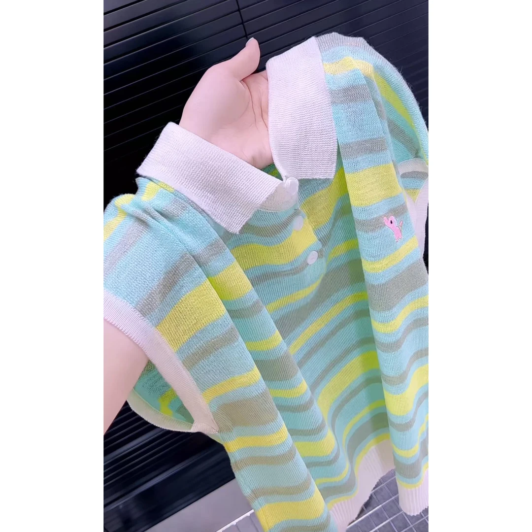 【现货】今年流行穿搭2025夏季新款温柔风毛针织衫彩色条纹T恤上衣