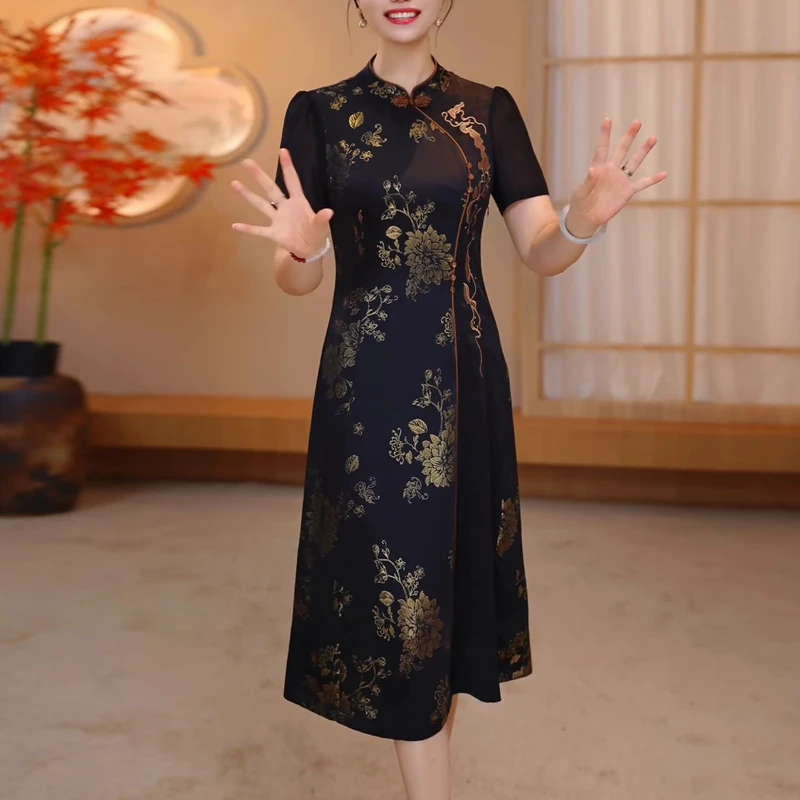 高端旗袍短袖连衣裙女2025新款夏季高端贵夫人流行妈妈国风长裙子