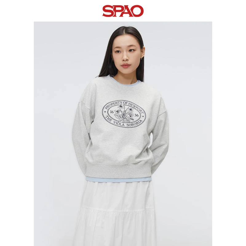 SPAO韩国同款2025年春季新品女士时尚刺绣休闲圆领卫衣SPMWF23G51