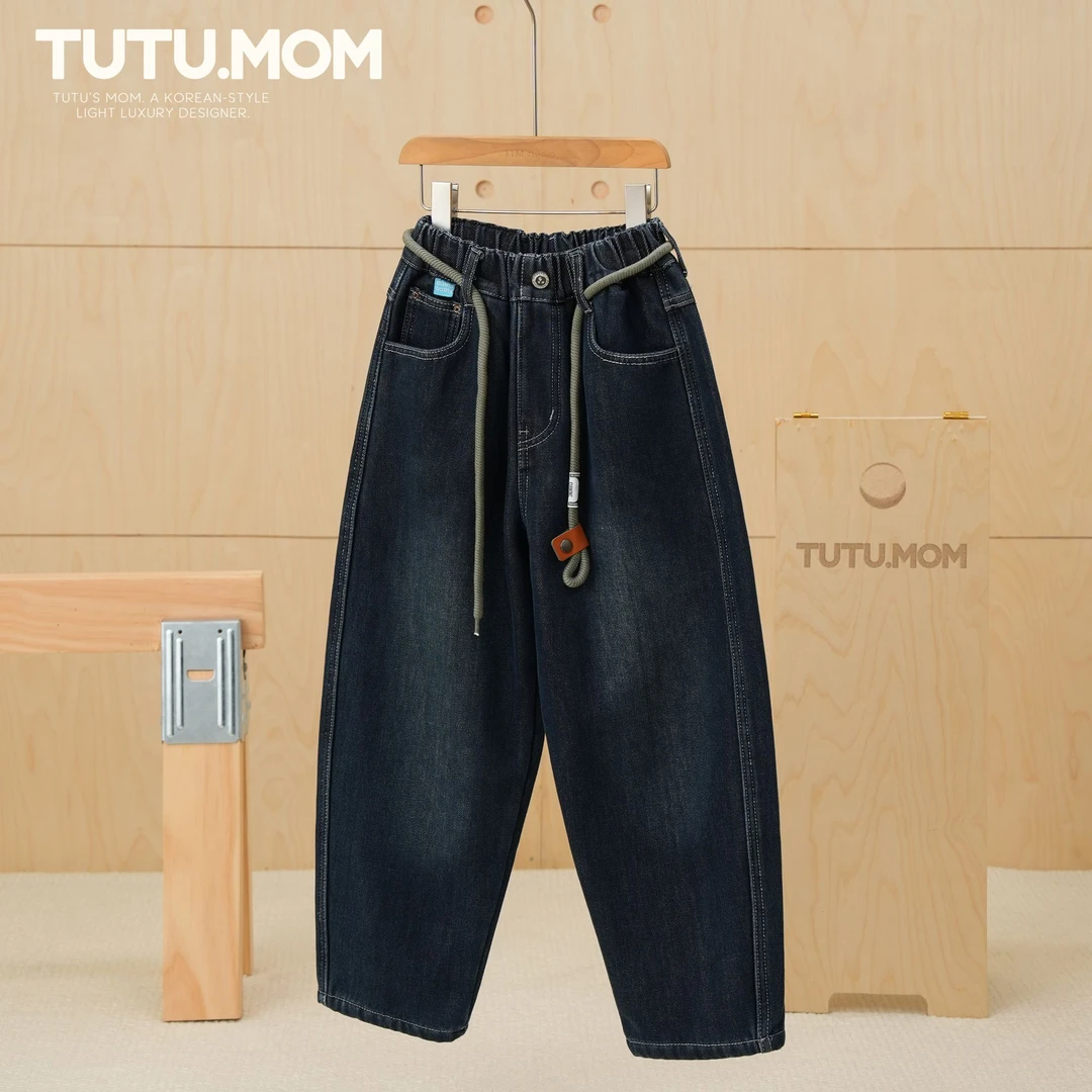 图图妈【潮酷百搭牛仔裤】男童加绒加厚阔腿裤25秋冬中大童休闲长裤