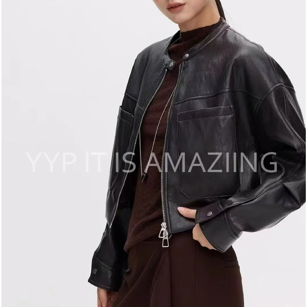 2025女秋冬新款皮衣立领短款蛋白皮厚款琥珀流光皮夹克百搭韩版