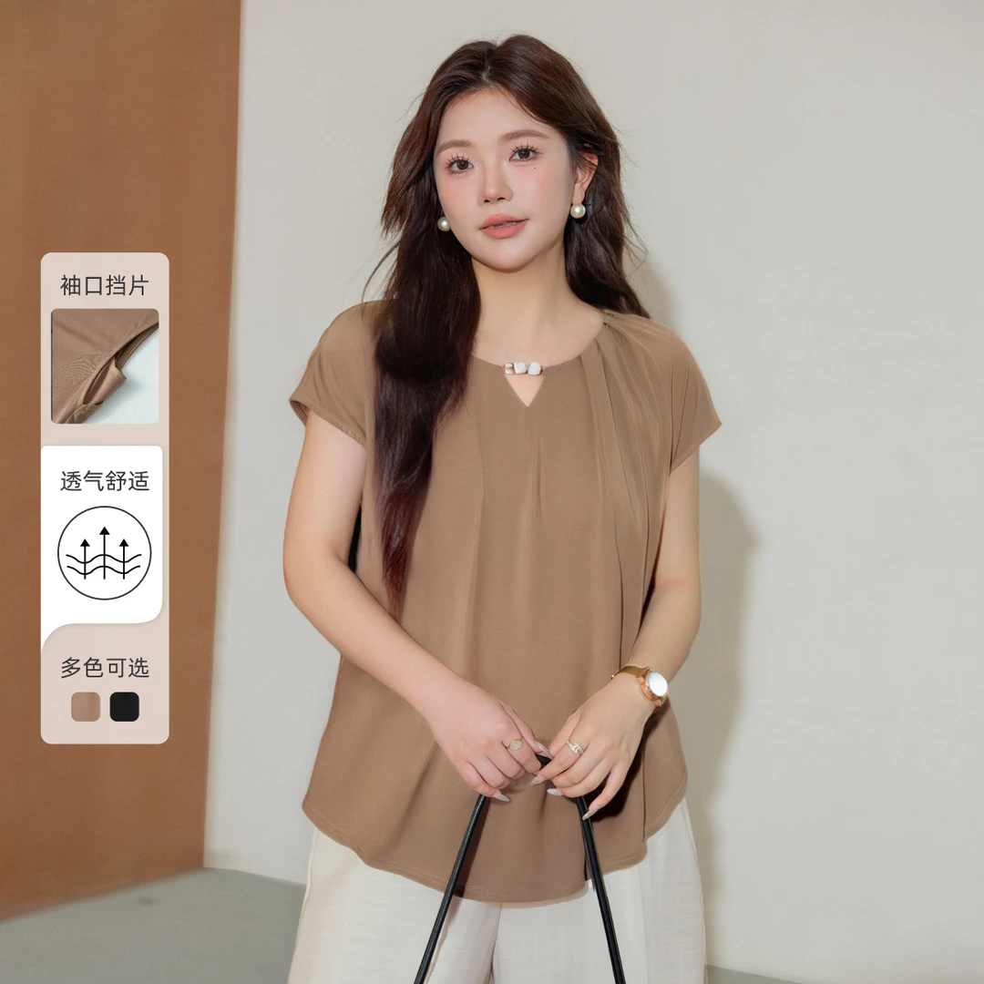 【串珠小V领褶皱莫代尔T恤】MsShe大码女装秋装宽松短袖B2505049