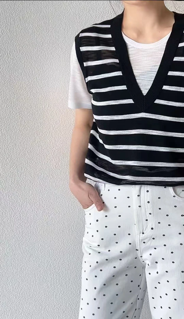 宽松短袖上衣针织衫女假两件款条纹