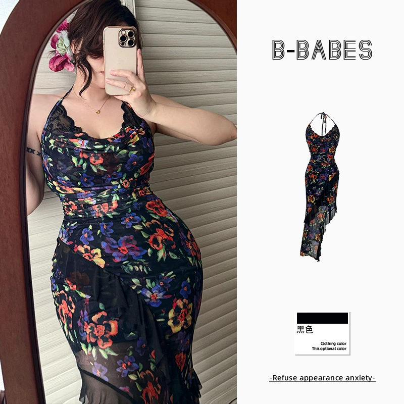 B-babes【万花间】碎花复古气质连衣裙吊带微胖收腰显瘦高腰吊带裙