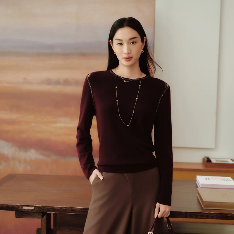 EP雅莹高端系列 100绵羊毛圆领烫钻套头针织衫 早秋新款9509A