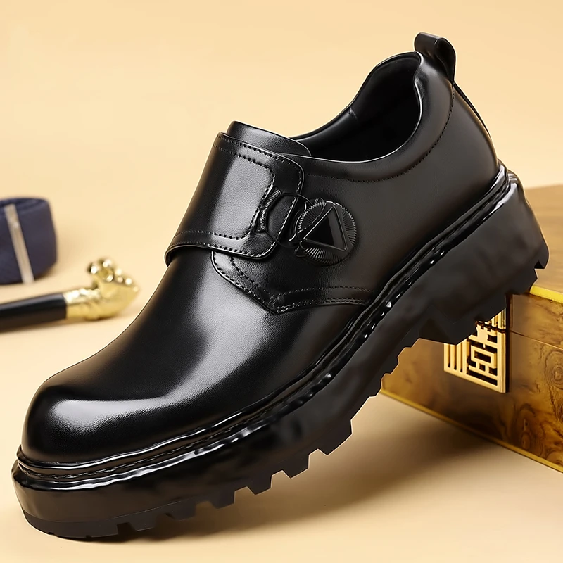 弗·迪梅倫商务旋转扣时尚百搭舒适真皮英伦风厚底增高黑色男鞋