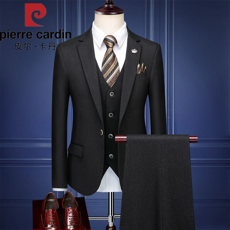 皮尔卡丹西服套装男西装男士商务休闲职业装修身新郎伴郎结婚三件
