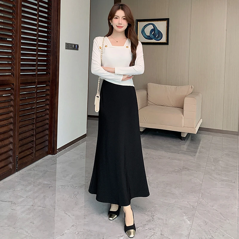西装鱼尾半身裙女春夏2025新款黑色a字裙长裙黑色背心连衣裙显瘦