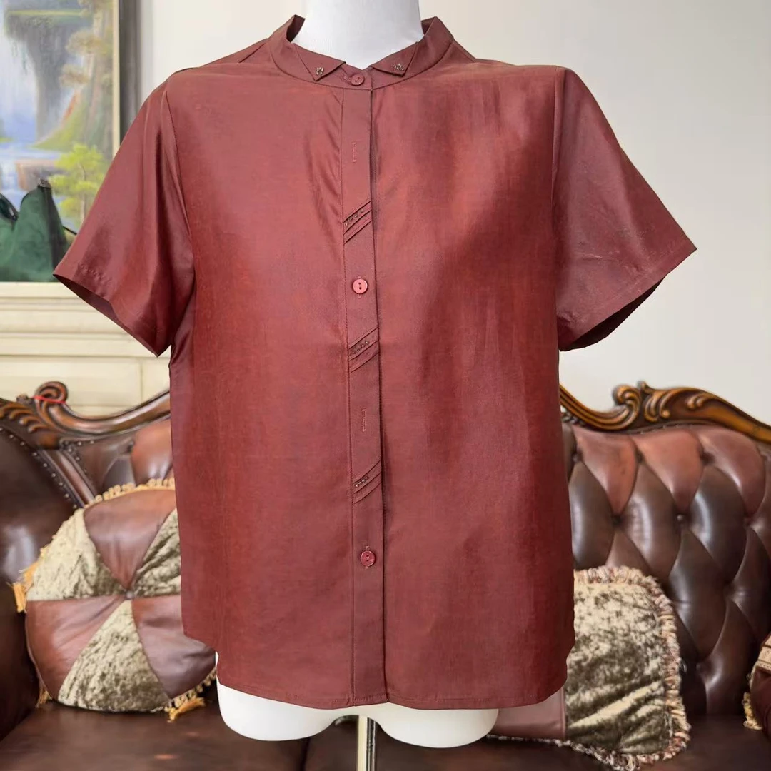 2色香云纱龟裂纹红云纱珠绣翻领短袖女士上衣965105-230169