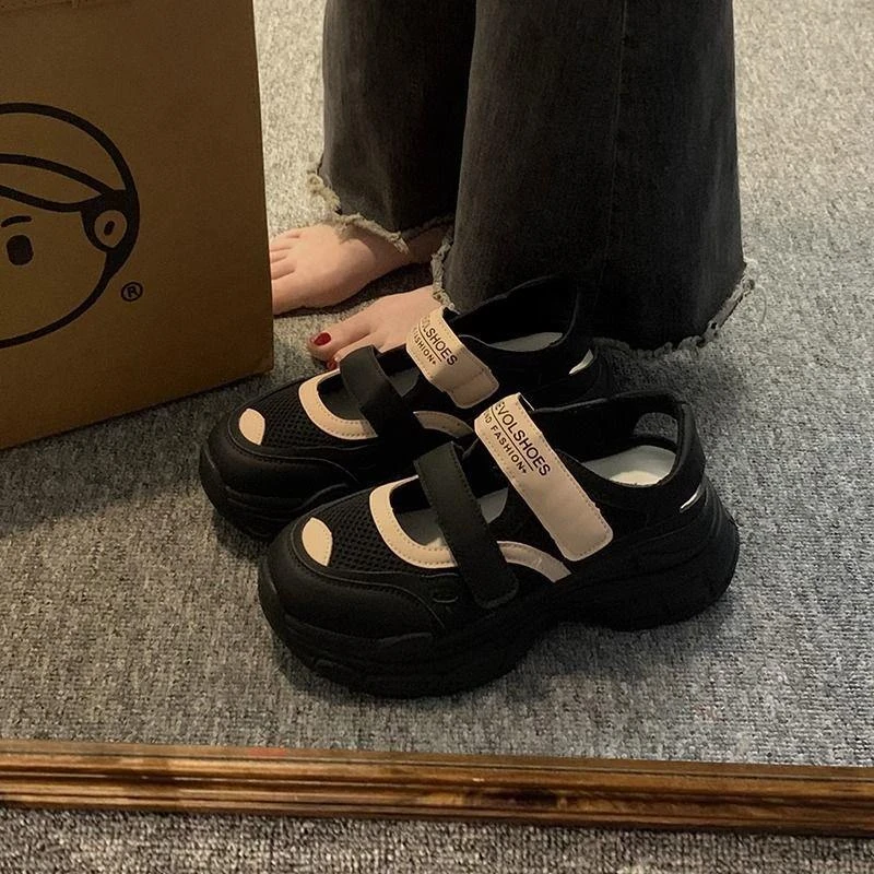 三福网红厚底百搭运动凉鞋女夏2025新款网面透气镂空魔术贴老爹鞋