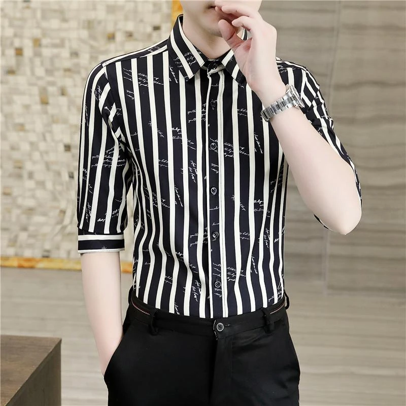 男士黑白潮短袖衬衫夏季新款竖条纹免烫寸衫休闲五七分袖衬衣男寸