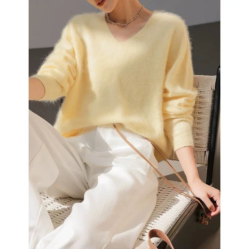 2025秋冬新款【现货100%拉绒】V领气质山羊绒衫拉毛针织打底毛衣女