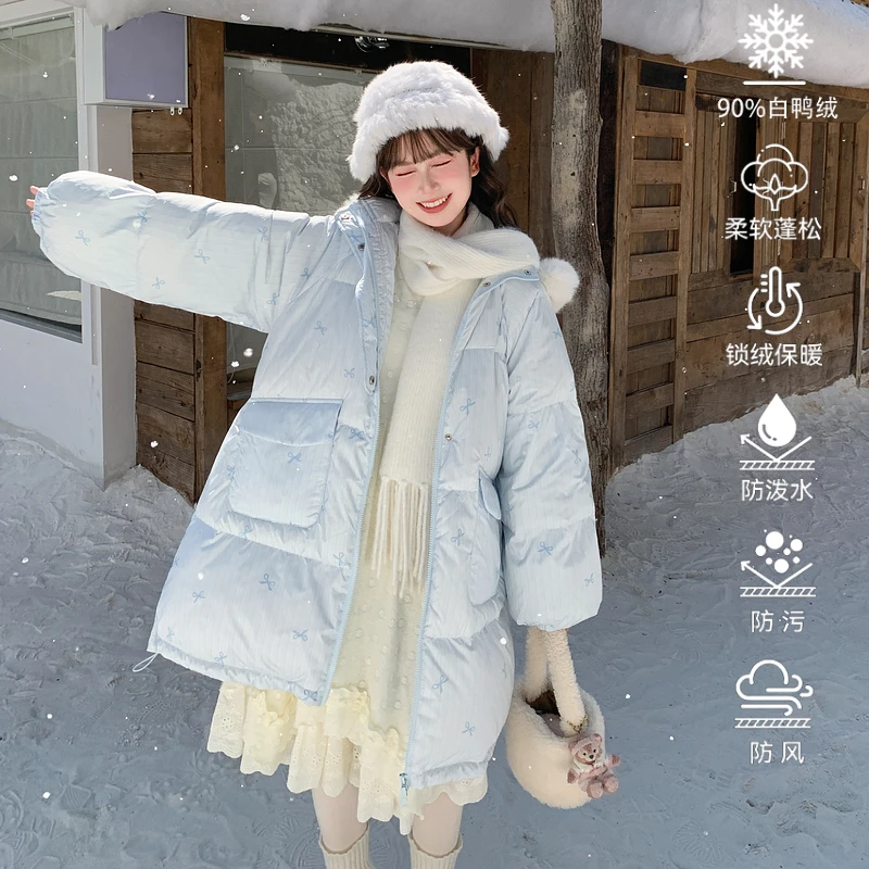 森女部落甜美蝴蝶结90白鸭绒连帽羽绒服女2025新款冬三防宽松外套