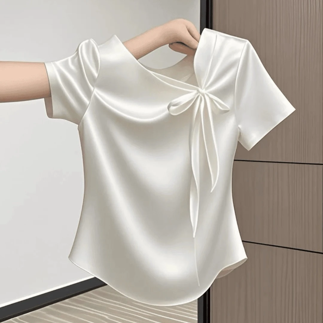 白色蝴蝶结斜领短袖T恤女2025夏季大码胖mm独特漂亮遮肉别致上衣