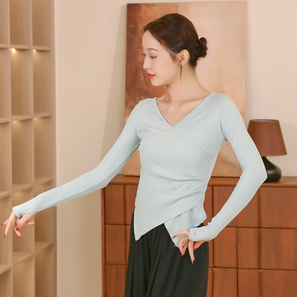 23153现代舞练功服V领开叉修身交叉长袖套指女形体艺考日常舞蹈服